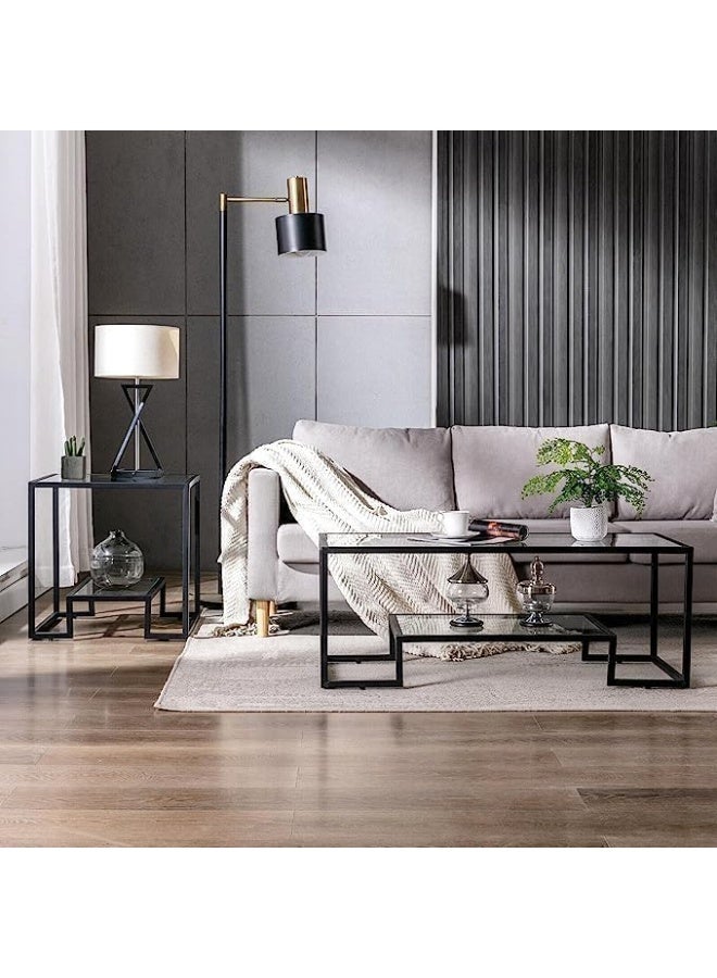 HOME TASTE Coffee Table 2 Tier Modern Tempered Glass Tabletop With Sturdy Metal Frame Centre Table For Dining Room Modern Geometric Glass Coffee Table With Mid Glass Shelf Black - Image 5